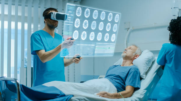 Doctor Wearing Virtual Reality Headset and Nurse Does Checkup on the patient through AR in healthcare